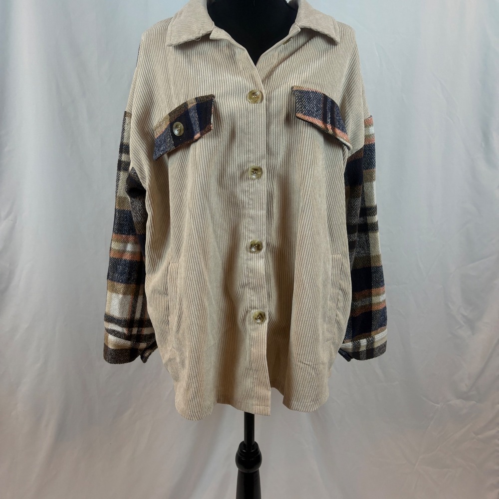 Pink Lily Womens Beige Corduroy Plaid Shacket Button‎ Up Jacket Medium
